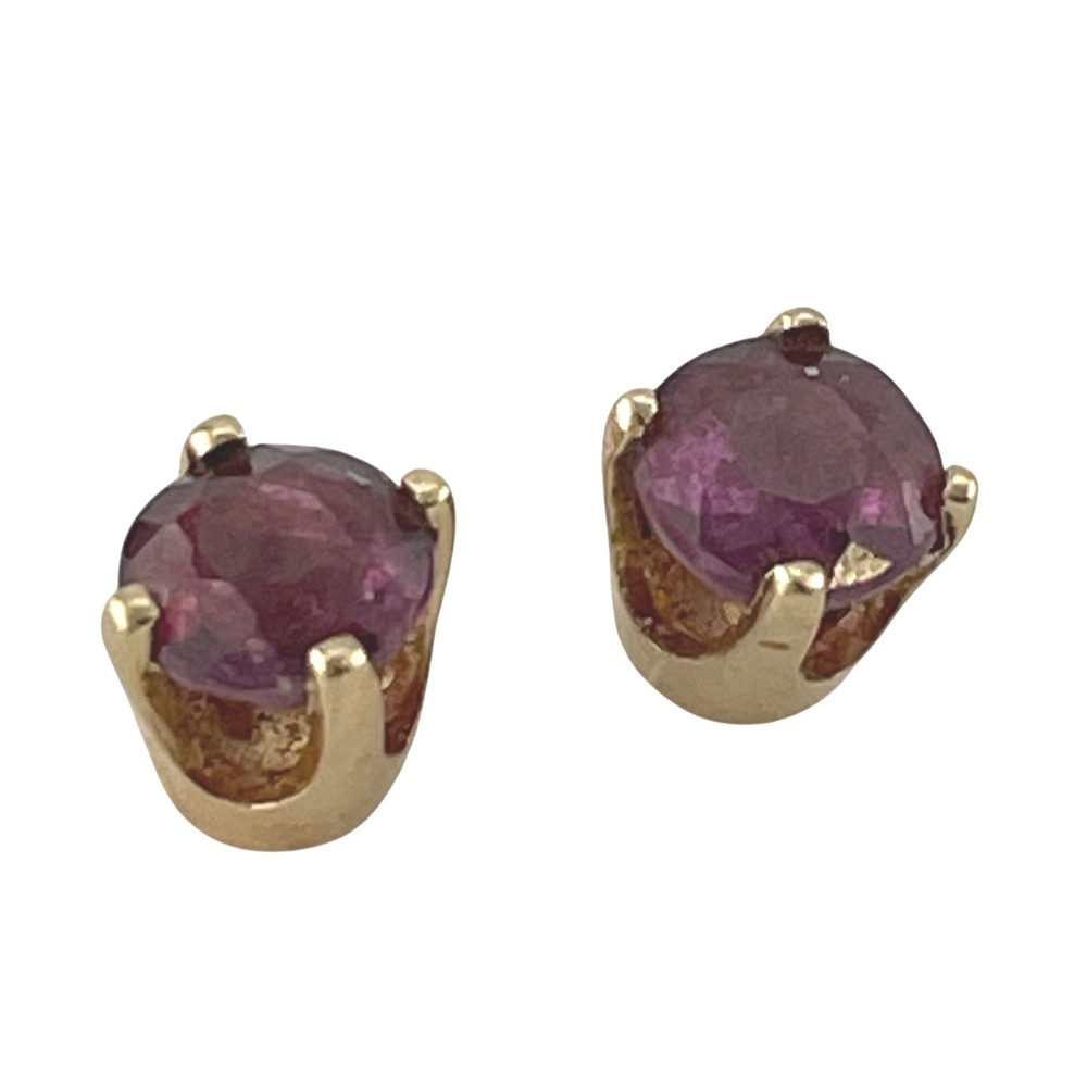 Vintage 14K Gold Ruby Stud Earrings 4mm Round‎ Ruby Solitaire Basket Setting - Picture 8 of 16